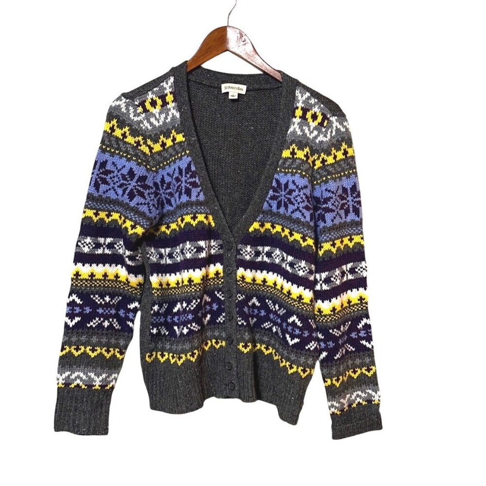 St. Johns Bay L Womens Gray Cardigan Sweater With‎ Colorful Fair Isle Pattern
